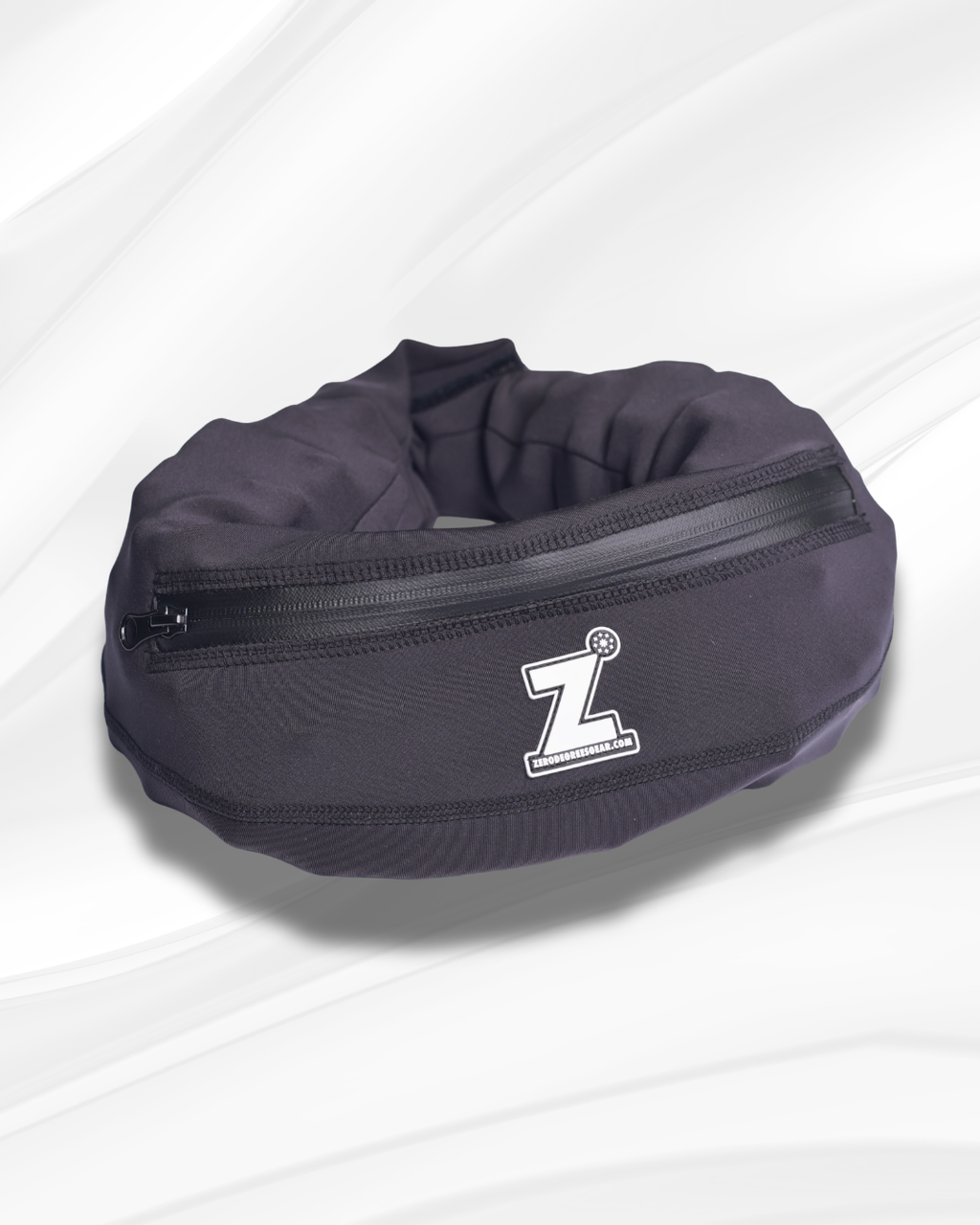 Black cooling collar with a white logo on a white background