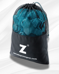 Black mesh drawstring bag containing teal plastic ice cubes, branded 'zero degrees gear.com' on a white background.