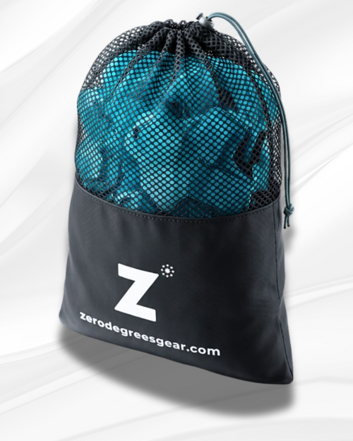 Black mesh drawstring bag containing teal plastic ice cubes, branded 'zero degrees gear.com' on a white background.